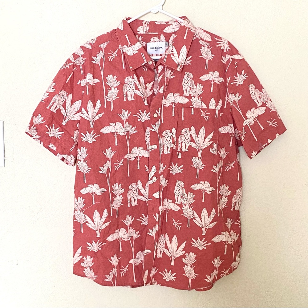 Goodfellow & Co Men's Red Tropical Print Short Sleeve Button Up Cotton Shirt XL